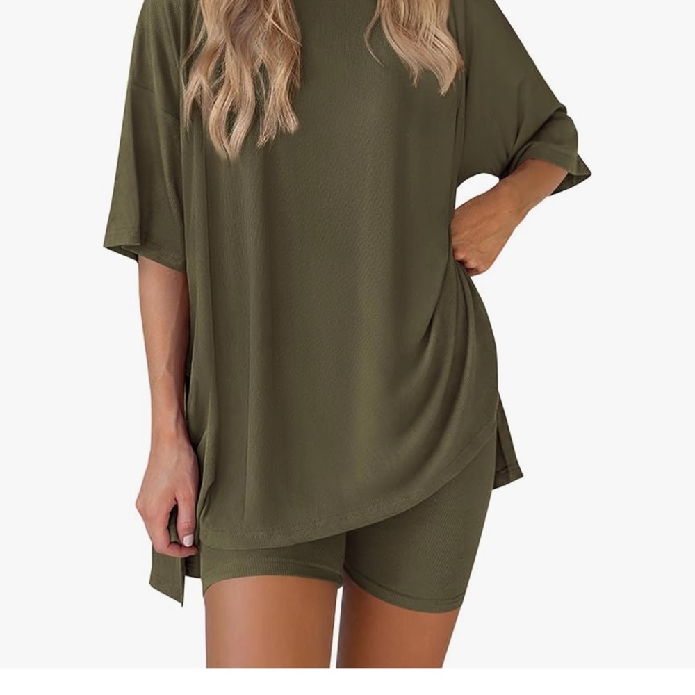 pretty green Olive Green Oversized T-Shirt and Shorts Set